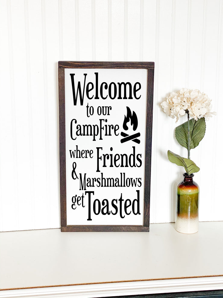 Welcome to our campfire wood framed sign / Farmhouse wooden sign / Where friends and marshmallows get toasted home sign / Home sign decor
