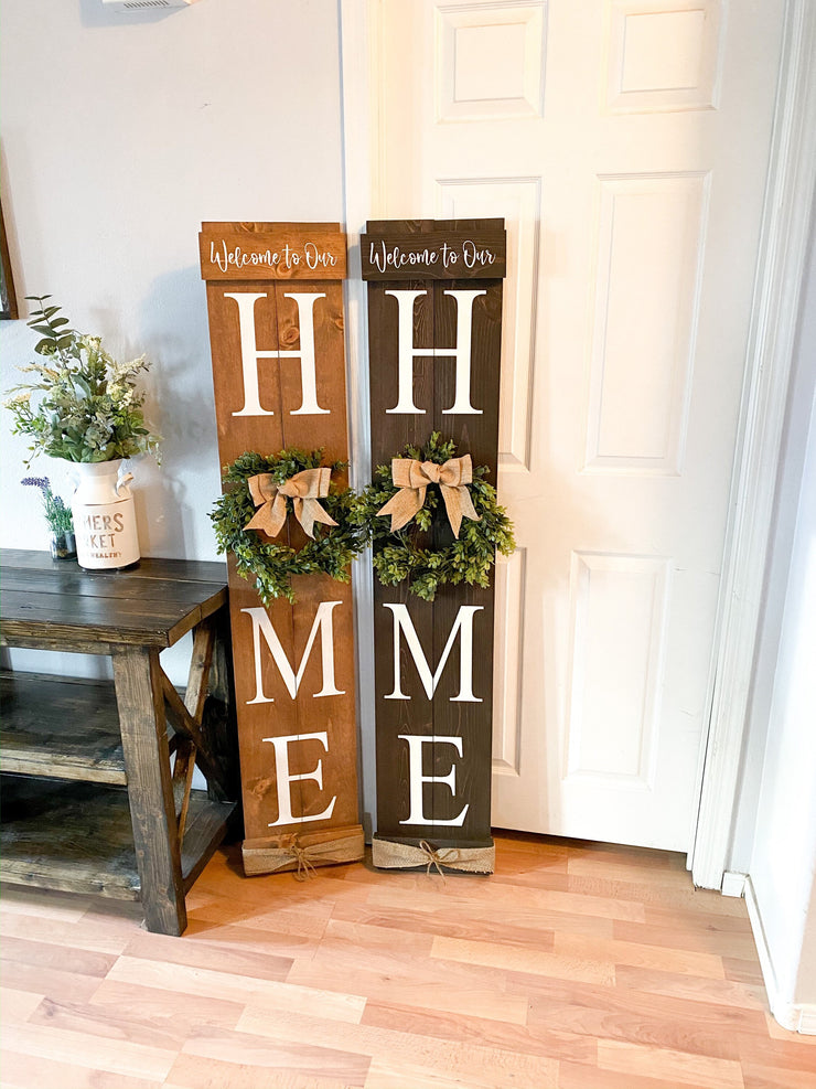 Welcome to our home / Large wooden front door home sign / Welcome porch sign / Burlap and greenery wreath wood sign / Wreath home door sign