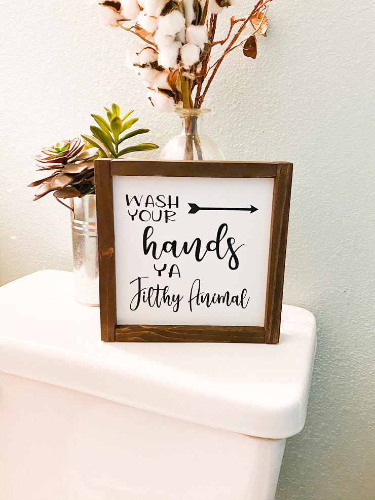 Farmhouse bathroom sign / Wash your hands you filthy animal / Cute/Funny farmhouse framed bathroom sign decor / Doo doo sign / Poop sign