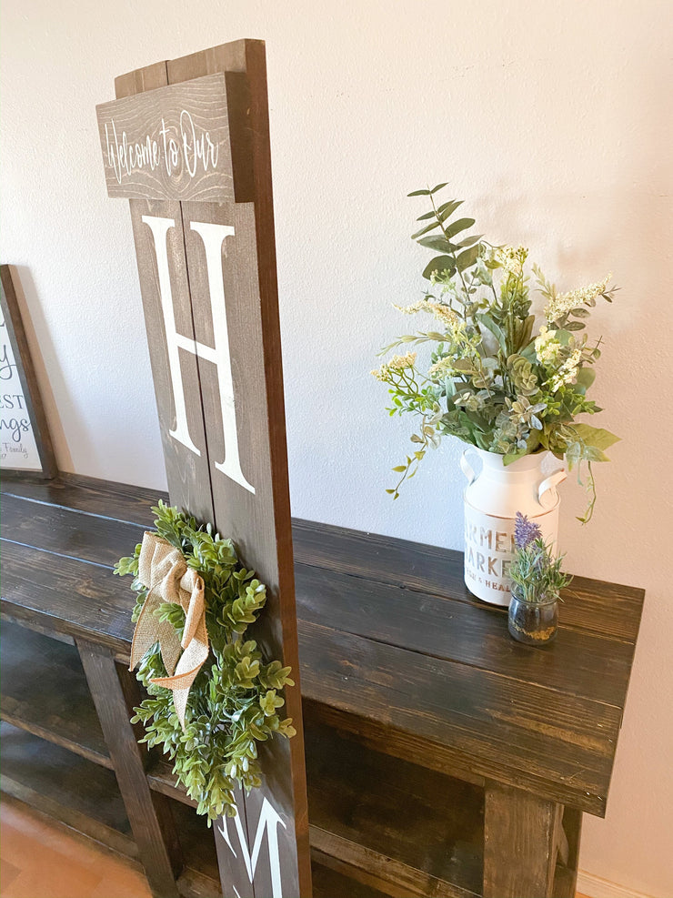 Welcome to our home / Large wooden front door home sign / Welcome porch sign / Burlap and greenery wreath wood sign / Wreath home door sign