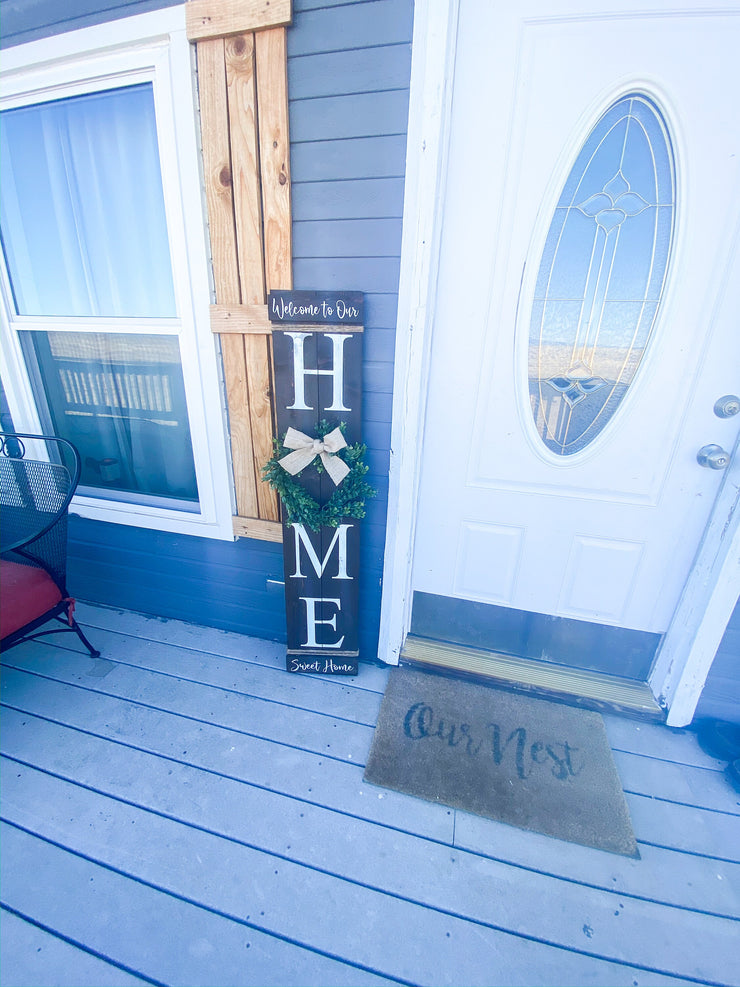 Rustic Welcome to our Home / Wood home door sign / Personalized wooden front door sign / Home sign with wreath / Large home wreath sign