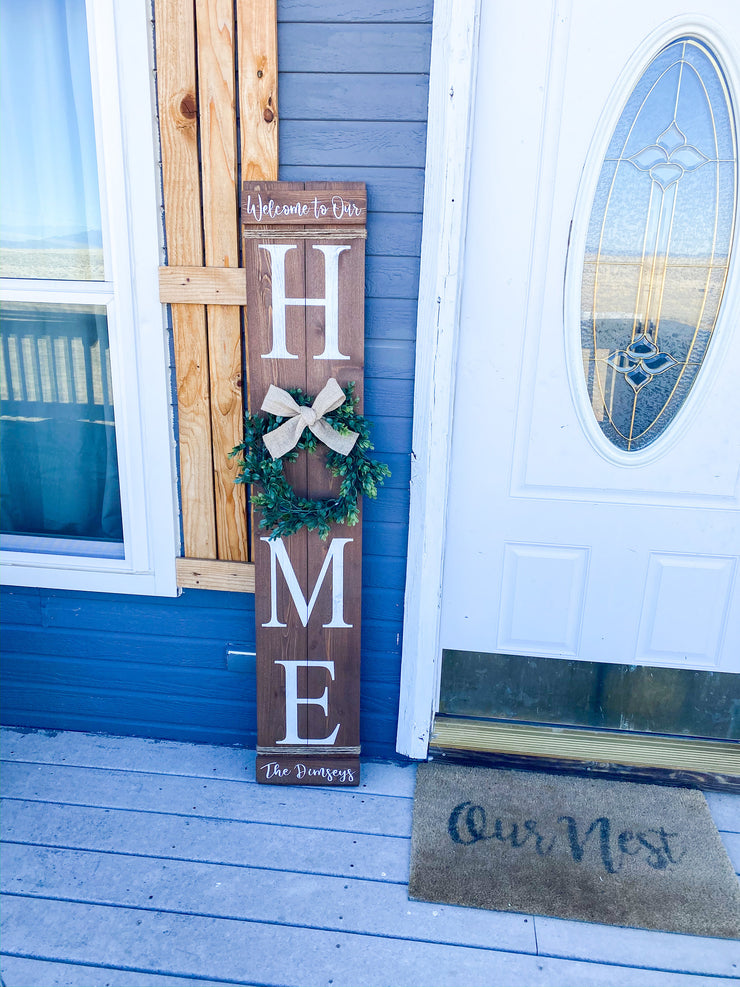 Rustic Welcome to our Home / Wood home door sign / Personalized wooden front door sign / Home sign with wreath / Large home wreath sign