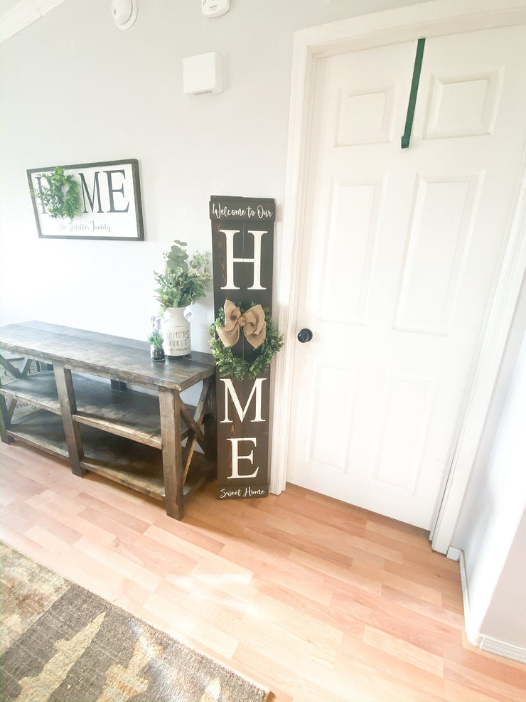 Large wooden front door home sign / Welcome to our home / Welcome porch sign / Burlap and boxwood wreath wood sign / Wreath home door sign