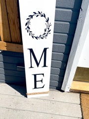 Welcome to our home wood sign / Porch Leaning Sign / Home front door sign / Porch leaner door sign / Home sign with painted wreath wood sign