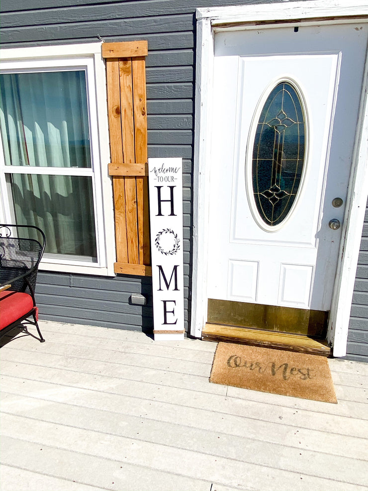 Welcome to our home wood sign / Porch Leaning Sign / Home front door sign / Porch leaner door sign / Home sign with painted wreath wood sign