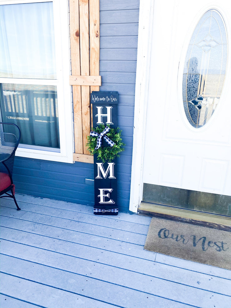 Welcome to our home sign with greenery wreath  and buffalo check bow / Personalized home sign / Front door sign / Custom Welcome wreath sign