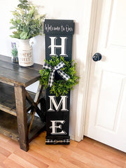 Welcome to our home sign with greenery wreath  and buffalo check bow / Personalized home sign / Front door sign / Custom Welcome wreath sign