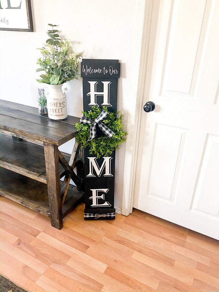 Welcome to our home sign with greenery wreath  and buffalo check bow / Personalized home sign / Front door sign / Custom Welcome wreath sign