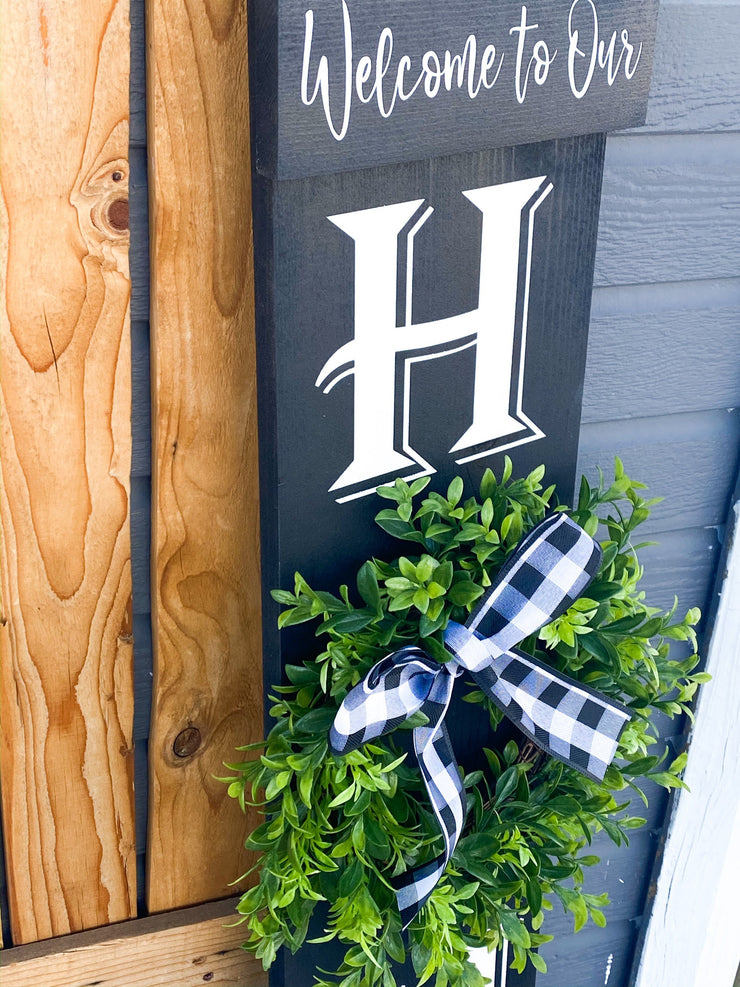 Welcome to our home sign with greenery wreath  and buffalo check bow / Personalized home sign / Front door sign / Custom Welcome wreath sign
