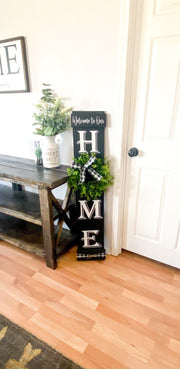 Welcome to our home sign with greenery wreath  and buffalo check bow / Personalized home sign / Front door sign / Custom Welcome wreath sign
