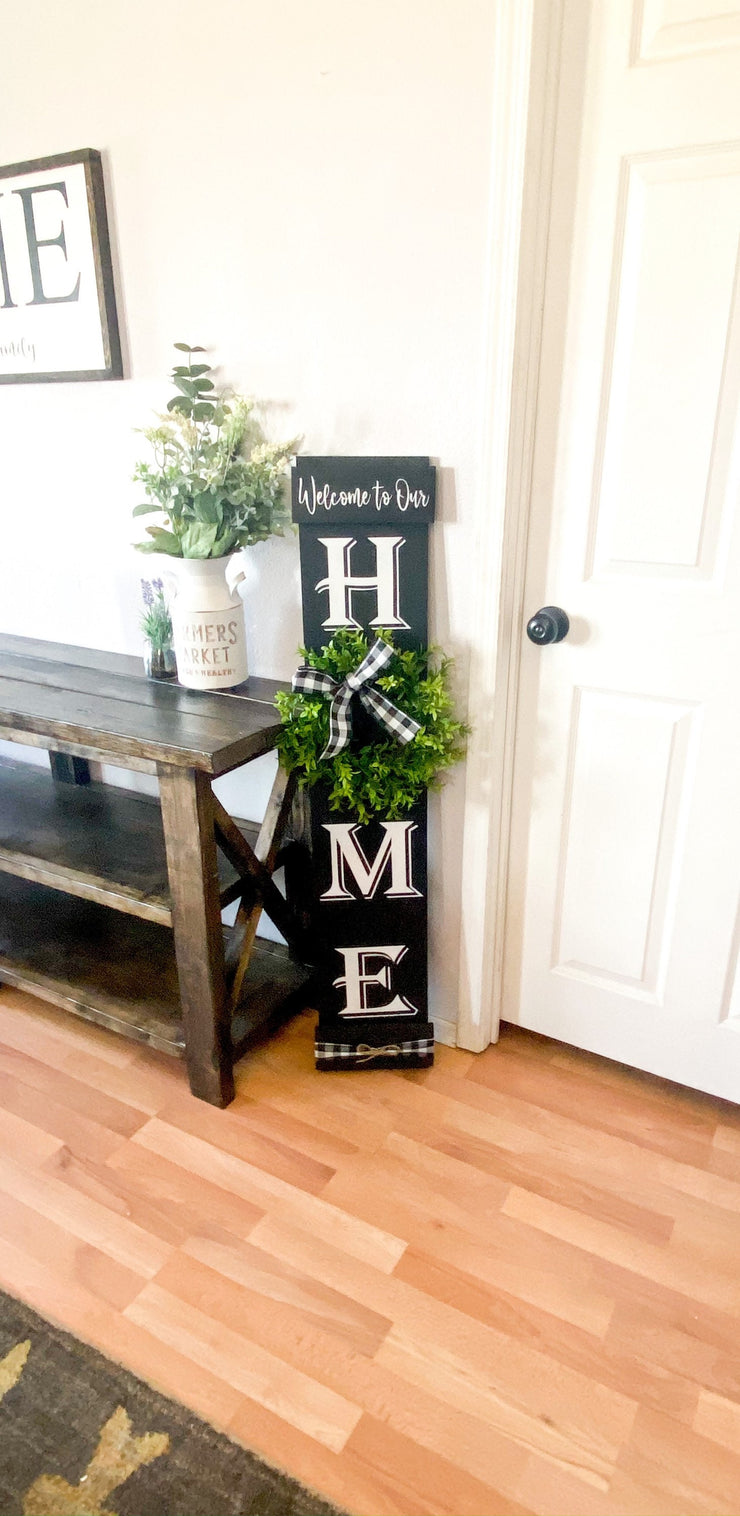 Welcome to our home sign with greenery wreath  and buffalo check bow / Personalized home sign / Front door sign / Custom Welcome wreath sign