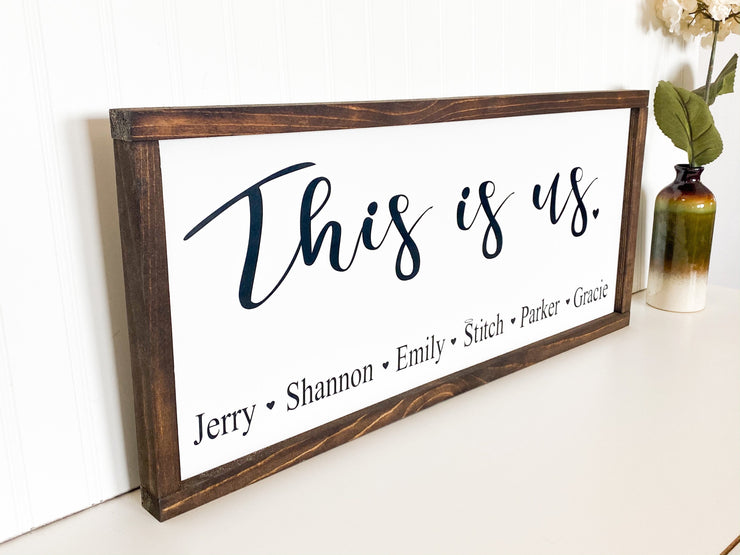 This is us framed wooden decor sign / Rustic farmhouse wall decor / Personalized this is us sign / Custom sign with family member names
