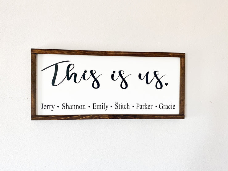 This is us framed wooden decor sign / Rustic farmhouse wall decor / Personalized this is us sign / Custom sign with family member names