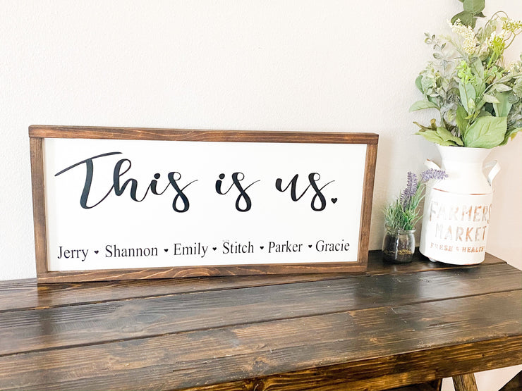 This is us framed wooden decor sign / Rustic farmhouse wall decor / Personalized this is us sign / Custom sign with family member names