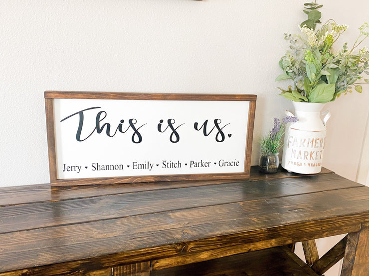 This is us framed wooden decor sign / Rustic farmhouse wall decor / Personalized this is us sign / Custom sign with family member names