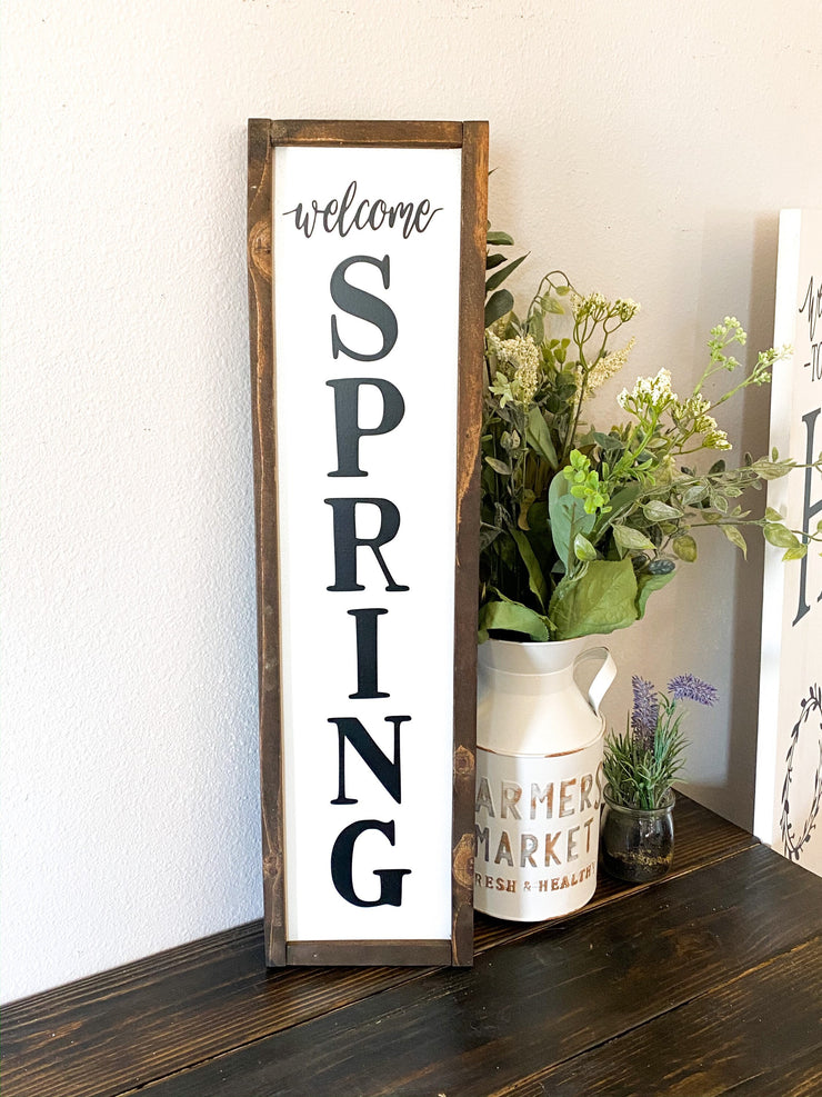 Welcome spring home decor frame sign / Farmhouse style spring sign / Spring time wooden home decor sign / Vertical welcome spring wood sign