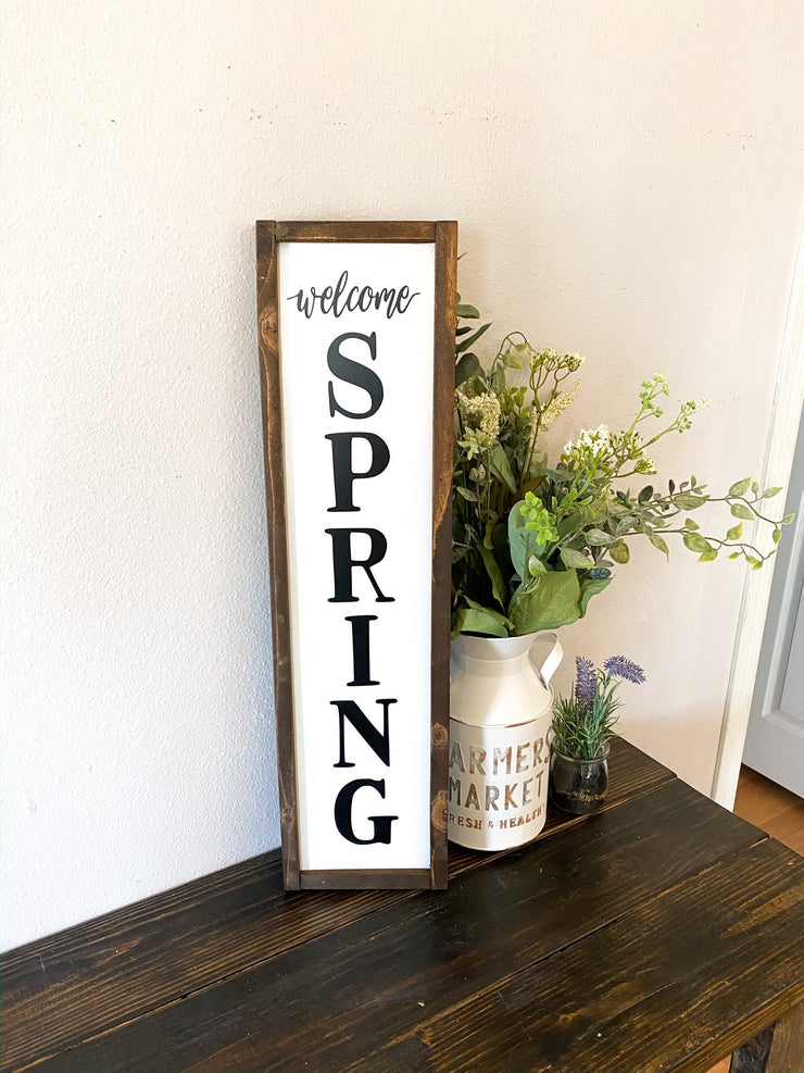 Welcome spring home decor frame sign / Farmhouse style spring sign / Spring time wooden home decor sign / Vertical welcome spring wood sign