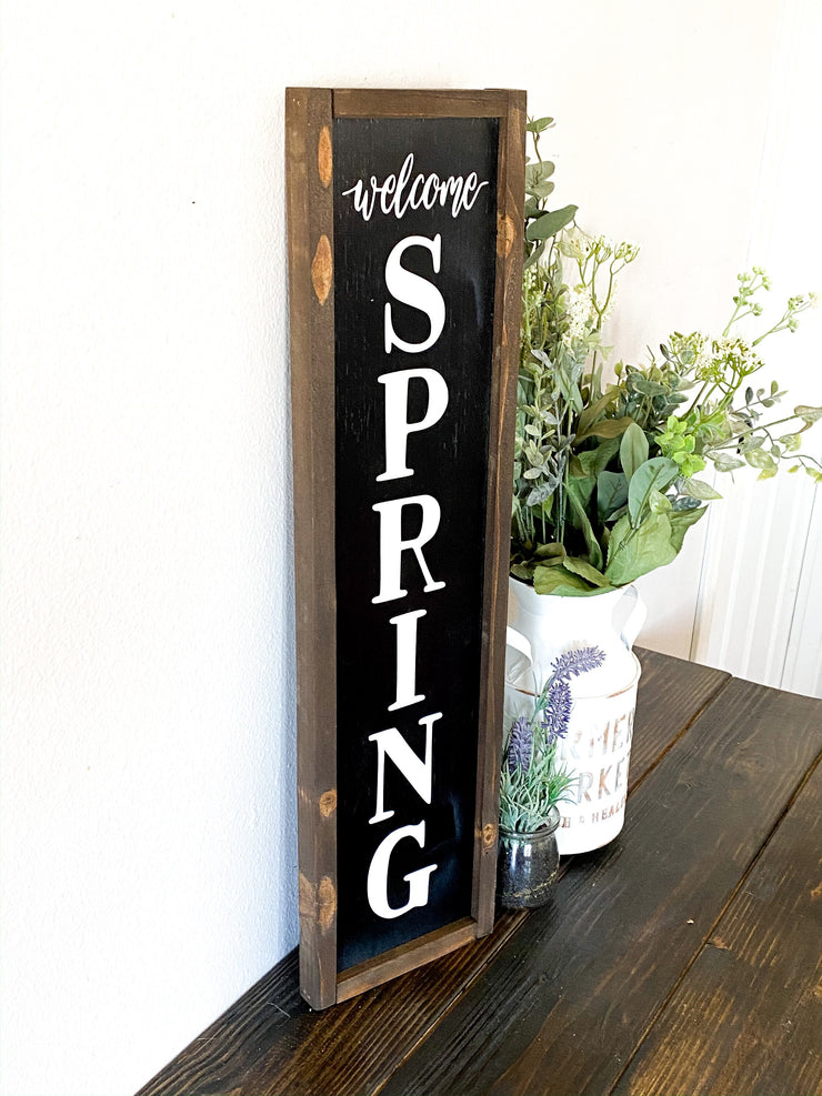 Vertical welcome spring wood sign / Welcome spring home decor frame sign / Farmhouse style spring sign  / Spring time wooden home decor sign