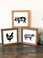 Farmhouse framed wooden cow, pig, chicken set / Moo, Cluck, Oink framed farm set / Wooden kitchen cow, pig, chicken framed signs / Farm sign