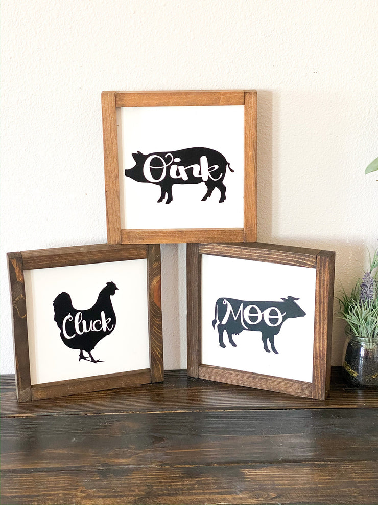 Farmhouse framed wooden cow, pig, chicken set / Moo, Cluck, Oink framed farm set / Wooden kitchen cow, pig, chicken framed signs / Farm sign