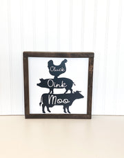 Farmhouse framed wooden cow, pig, chicken sign / Moo, Cluck, Oink framed farm / Wooden kitchen cow, pig, chicken framed signs / Farm sign