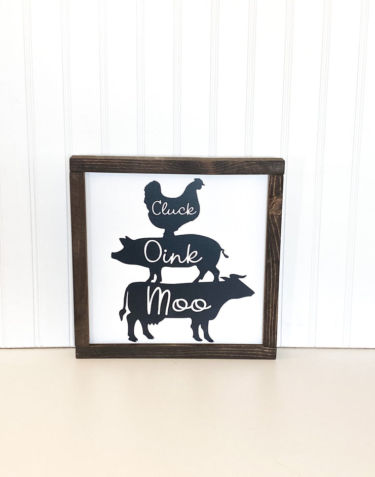 Farmhouse framed wooden cow, pig, chicken sign / Moo, Cluck, Oink framed farm / Wooden kitchen cow, pig, chicken framed signs / Farm sign