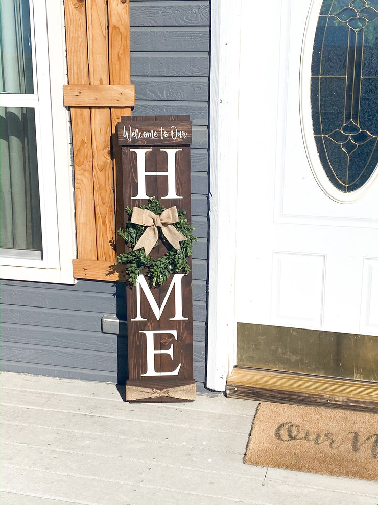Welcome to our home / Large wooden front door home sign / Welcome porch sign / Burlap and greenery wreath wood sign / Wreath home door sign