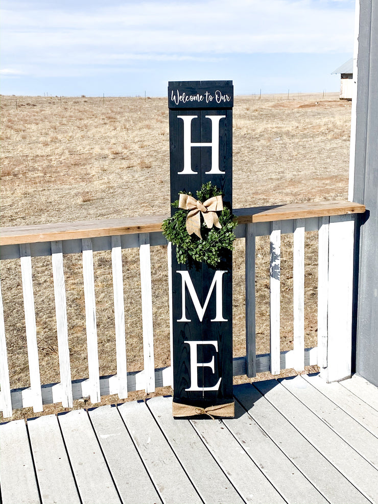 Welcome to our home / Large wooden front door home sign / Welcome porch sign / Burlap and greenery wreath wood sign / Wreath home door sign