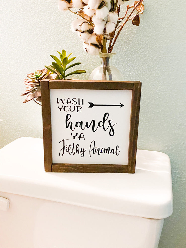 Farmhouse bathroom sign / Wash your hands you filthy animal / Cute/Funny farmhouse framed bathroom sign decor / Doo doo sign / Poop sign