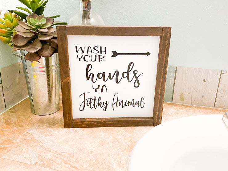 Farmhouse bathroom sign / Wash your hands you filthy animal / Cute/Funny farmhouse framed bathroom sign decor / Doo doo sign / Poop sign