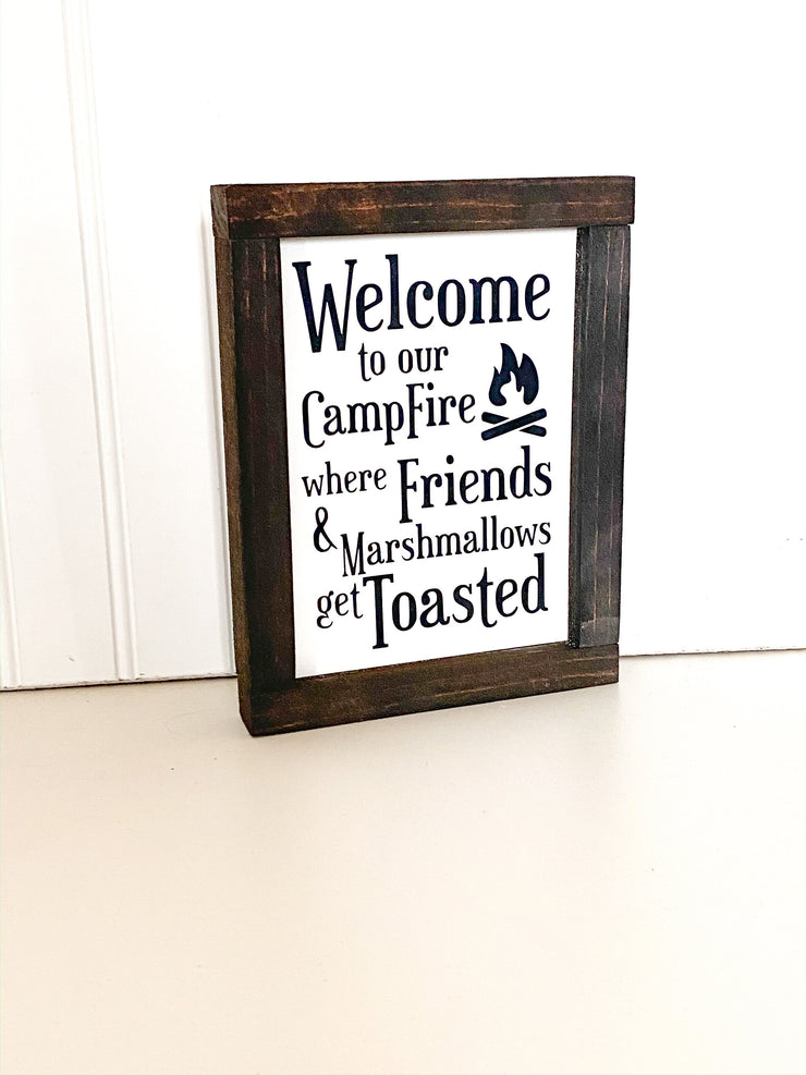 Welcome to our campfire wood framed sign / Farmhouse wooden sign / Where friends and marshmallows get toasted home sign / Home sign decor