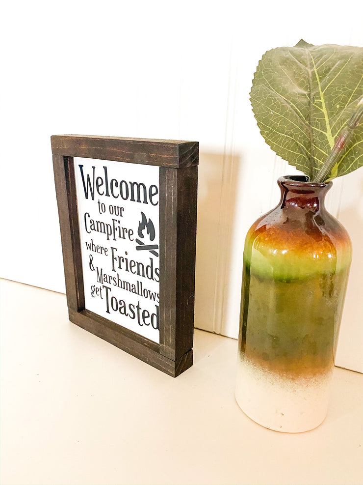 Welcome to our campfire wood framed sign / Farmhouse wooden sign / Where friends and marshmallows get toasted home sign / Home sign decor