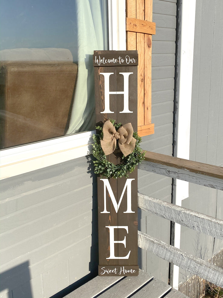 Large wooden front door home sign / Welcome to our home / Welcome porch sign / Burlap and boxwood wreath wood sign / Wreath home door sign