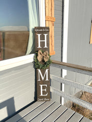 Large wooden front door home sign / Welcome to our home / Welcome porch sign / Burlap and boxwood wreath wood sign / Wreath home door sign