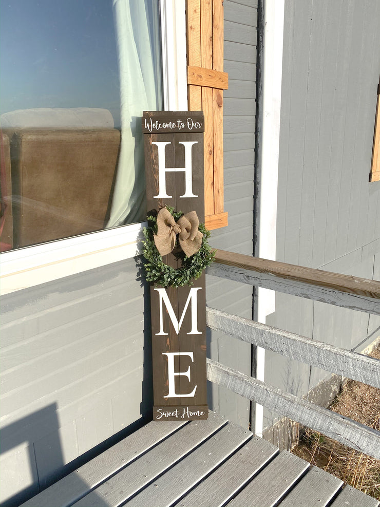 Large wooden front door home sign / Welcome to our home / Welcome porch sign / Burlap and boxwood wreath wood sign / Wreath home door sign