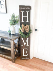 Large wooden front door home sign / Welcome to our home / Welcome porch sign / Burlap and boxwood wreath wood sign / Wreath home door sign
