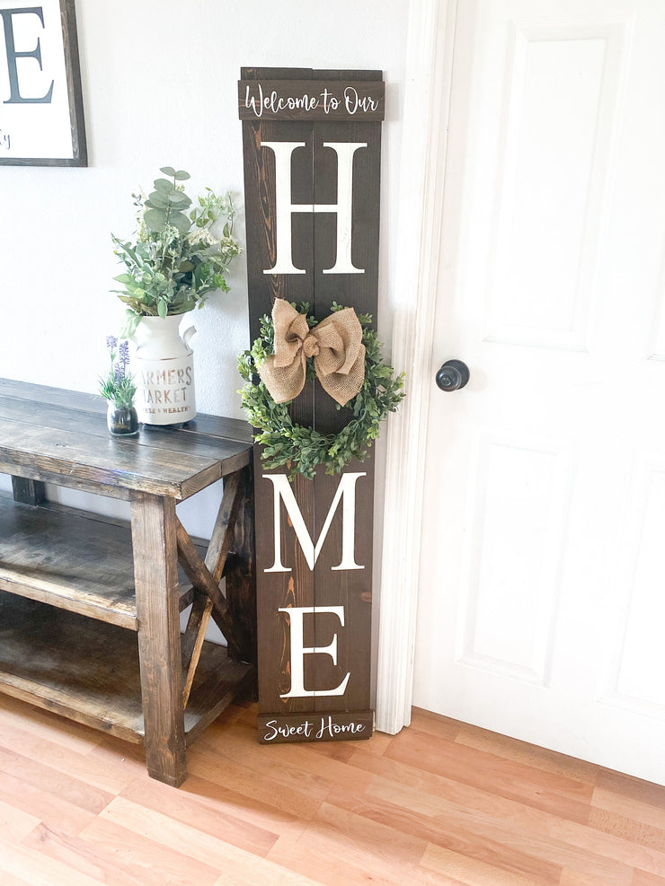 Large wooden front door home sign / Welcome to our home / Welcome porch sign / Burlap and boxwood wreath wood sign / Wreath home door sign