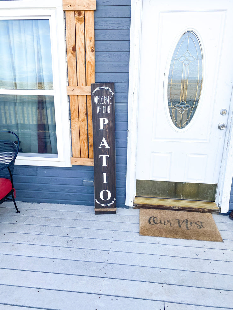 Welcome to our Patio sign / Welcome door sign w/ twine at bottom / Front door decor / Patio wood sign / Wood home decor sign / Welcome sign