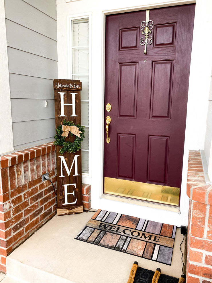 Welcome to our home / Large wooden front door home sign / Welcome porch sign / Burlap and greenery wreath wood sign / Wreath home door sign