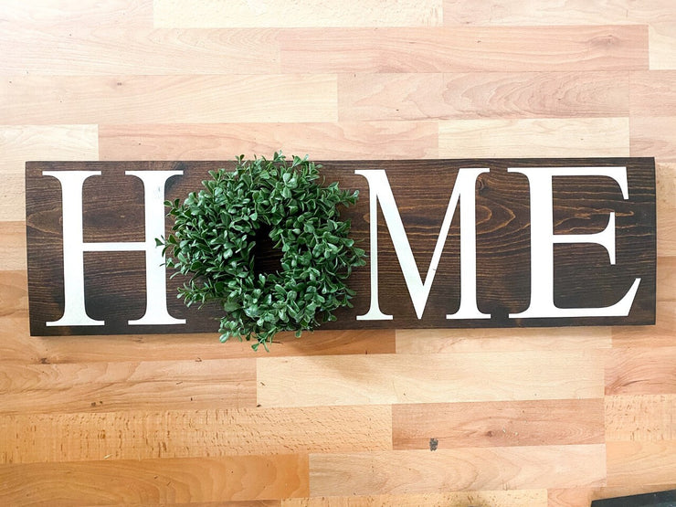 Farmhouse home sign with wreath / Home wall decor sign / Housewarming home sign gift / Wood home sign with green boxwood wreath
