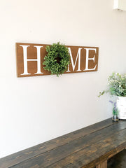 Farmhouse home sign with wreath / Home wall decor sign / Housewarming home sign gift / Wood home sign with green boxwood wreath