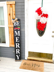 Rustic Black Farmhouse Be Merry Christmas sign with buffalo plaid bow and burlap bow porch / door sign. Large Be Merry front door wood sign