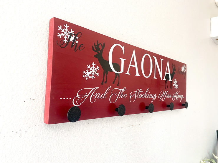 Personalized Christmas stocking hanging wall sign / Stocking holder sign / Last name stocking sign / Deer, snowflake stocking hanger sign
