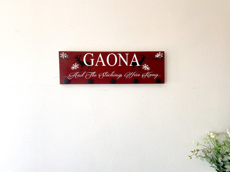 Personalized Christmas stocking hanging wall sign / Stocking holder sign / Last name stocking sign / Deer, snowflake stocking hanger sign