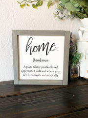 Home noun farmhouse style framed wooden decor sign / Home sign / Housewarming sign / Custom home decor sign / Wooden frame home decor sign