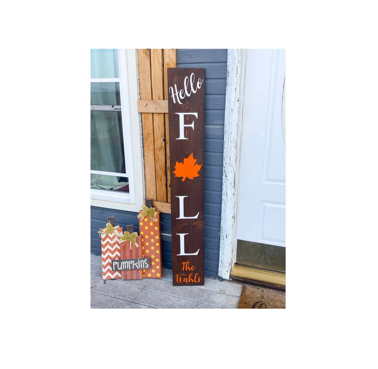 Brown Hello fall front door sign/ Custom with last name on bottom / Large  Fall door sign / Autumn/fall sign / Personalized fall porch sign