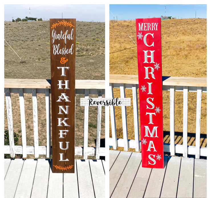 Reversible Merry Christmas / Thanksgiving Front Porch Sign / Tall Front Door / Entryway Double Sided Red Christmas / Brown Thankful sign