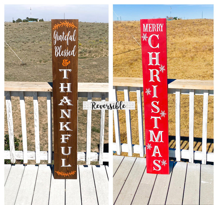 Reversible Merry Christmas / Thanksgiving Front Porch Sign / Tall Front Door /  Entryway Double Sided Red Christmas / Brown Thankful sign