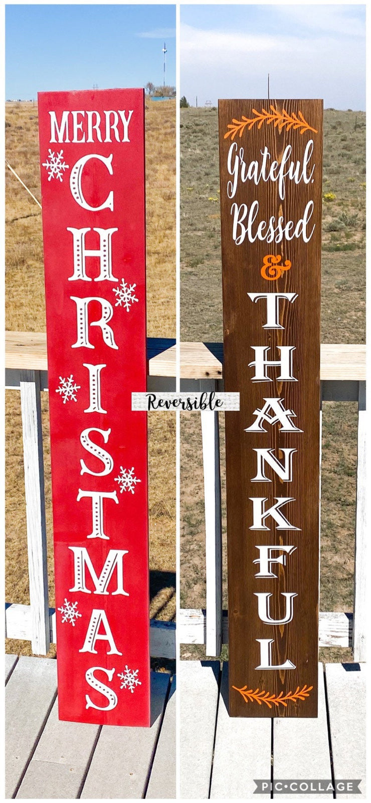 Reversible Merry Christmas / Thanksgiving Front Porch Sign / Tall Front Door /  Entryway Double Sided Red Christmas / Brown Thankful sign