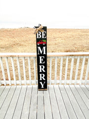 Rustic Black Farmhouse Be Merry Christmas sign with buffalo plaid bow and burlap bow porch / door sign. Large Be Merry front door wood sign